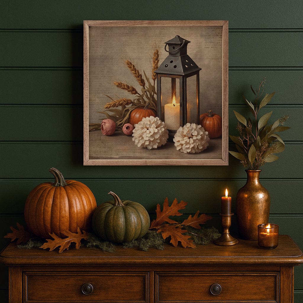 Kendrick Home Walnut Frames Autumn Lantern Printed and Framed Wall Sign