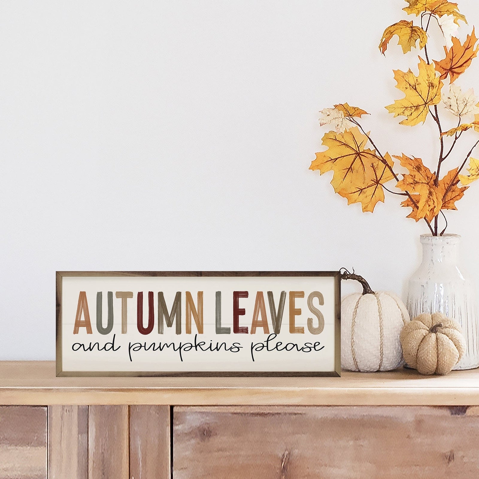 Kendrick Home Walnut Frames 12x4 Autumn Leaves Colorful On White Printed and Framed Wall Sign