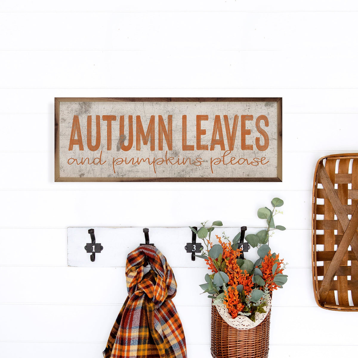Kendrick Home Walnut Frames Autumn Leaves Orange On White Printed and Framed Wall Sign