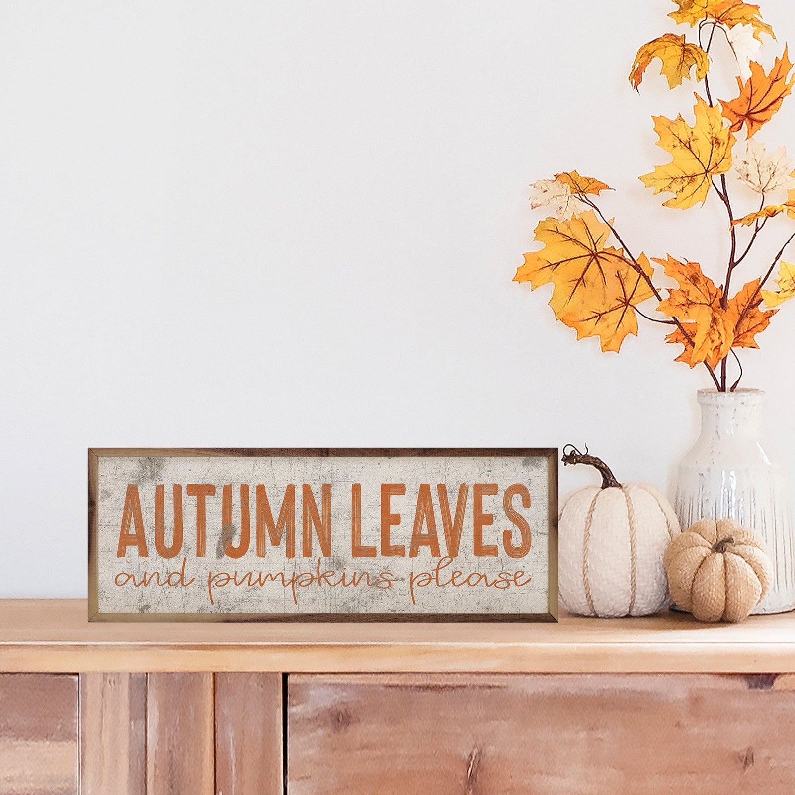 Kendrick Home Walnut Frames 12x4 Autumn Leaves Orange On White Printed and Framed Wall Sign