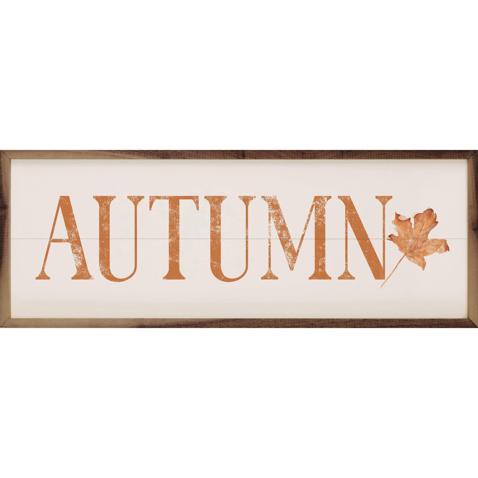 Kendrick Home Walnut Frames 12x4 Autumn Orange Leaf White Printed and Framed Wall Sign