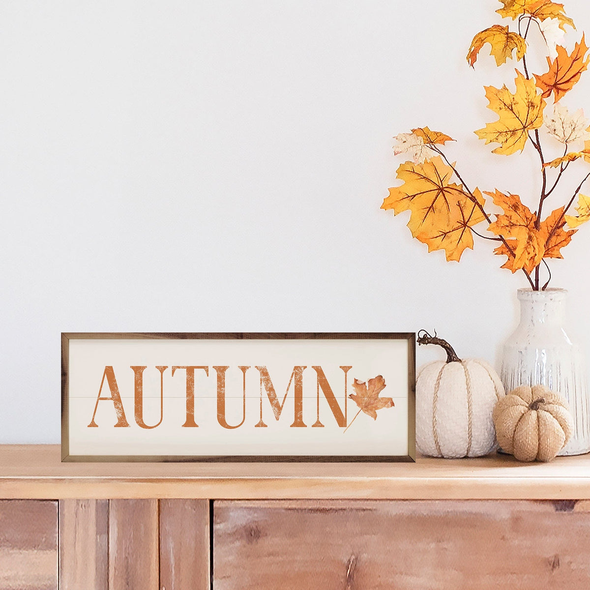 Kendrick Home Walnut Frames Autumn Orange Leaf White Printed and Framed Wall Sign