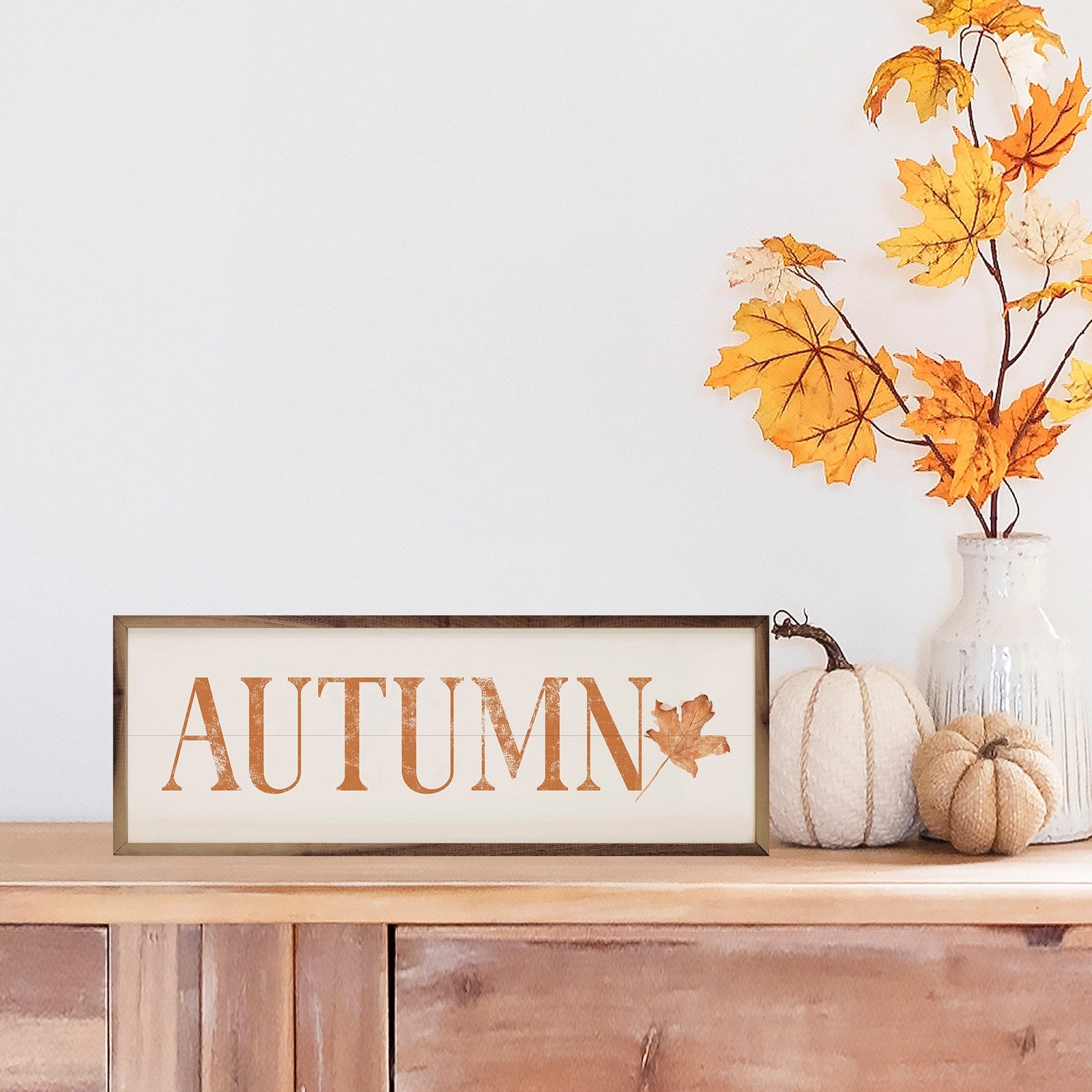 Kendrick Home Walnut Frames 12x4 Autumn Orange Leaf White Printed and Framed Wall Sign