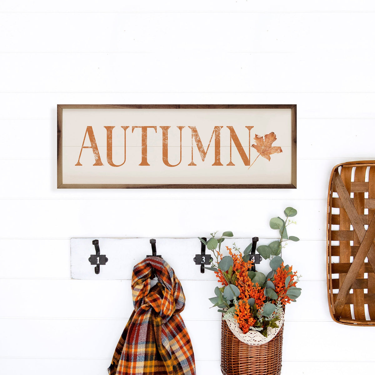 Kendrick Home Walnut Frames Autumn Orange Leaf White Printed and Framed Wall Sign
