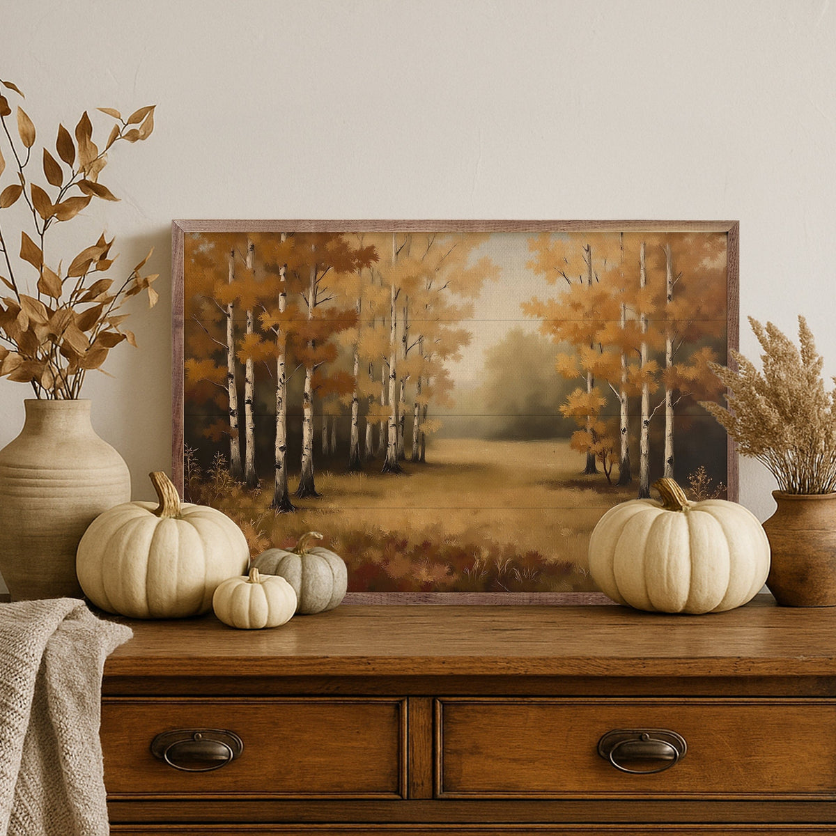 Kendrick Home Walnut Frames Autumn’s Birch Forest Printed and Framed Wall Sign