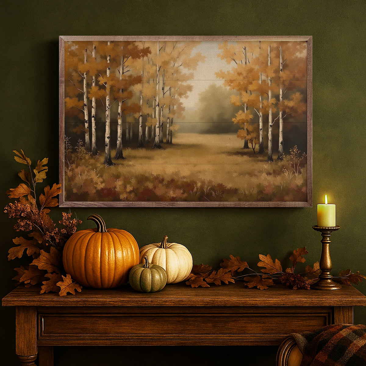 Kendrick Home Walnut Frames Autumn’s Birch Forest Printed and Framed Wall Sign