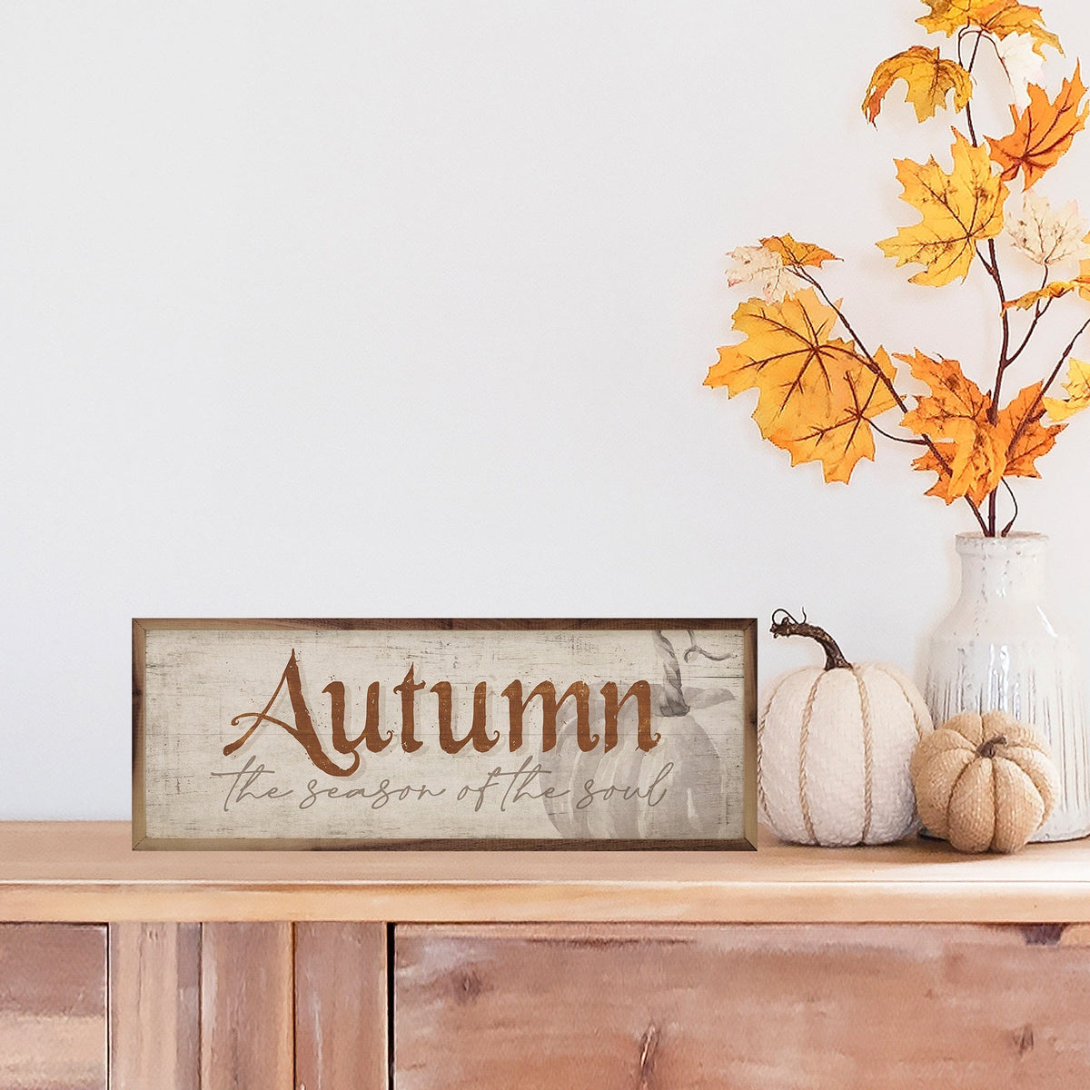 Kendrick Home Walnut Frames Autumn The Season Of The Soul Pumpkin Whitewash Printed and Framed Wall Sign