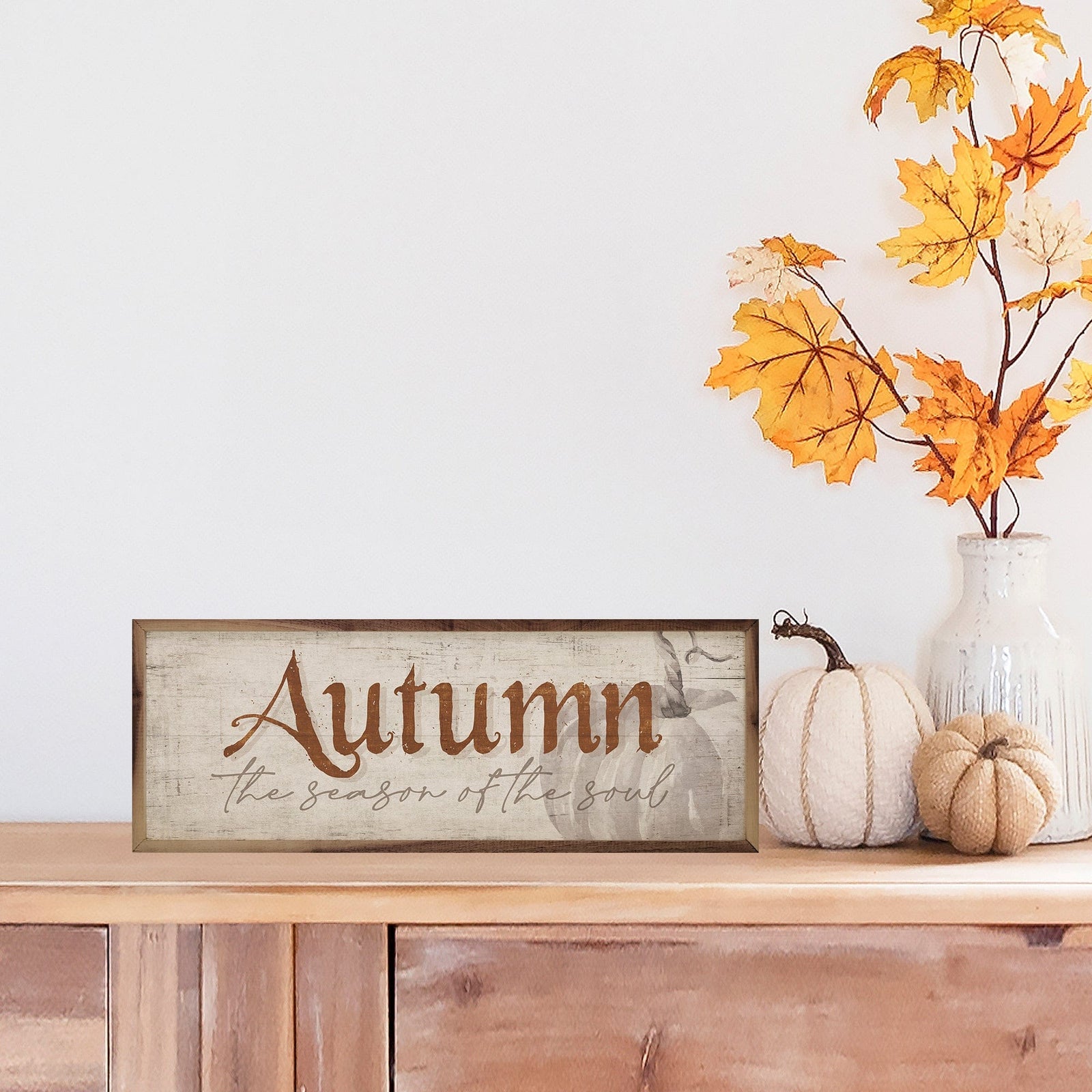 Kendrick Home Walnut Frames 12x4 Autumn The Season Of The Soul Pumpkin Whitewash Printed and Framed Wall Sign