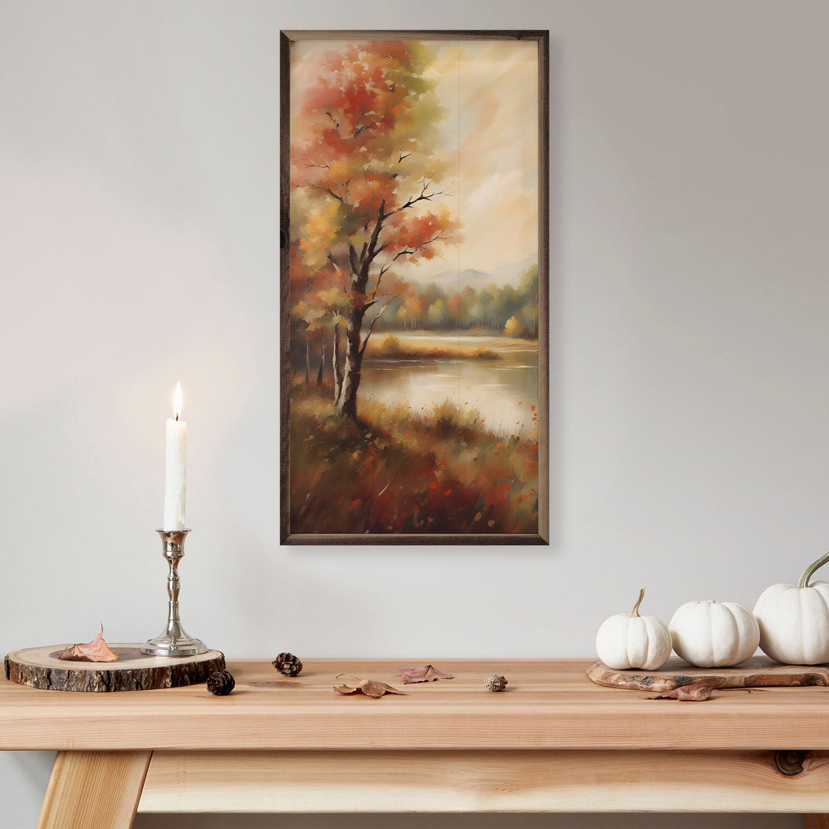 Kendrick Home Walnut Frames Autumn Trees Near Lake Printed and Framed Wall Sign
