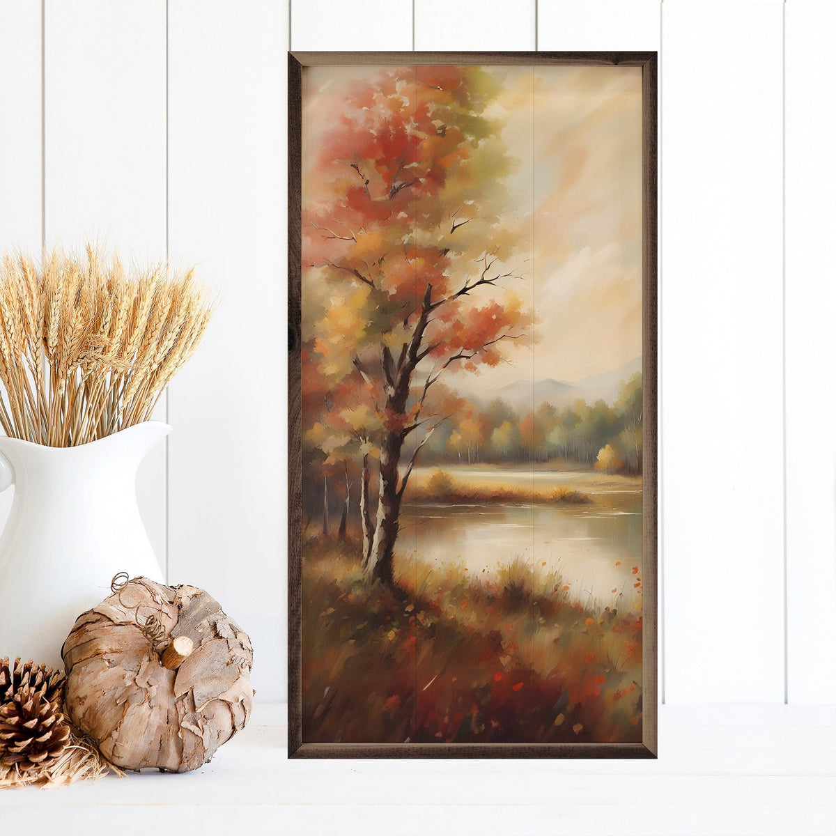 Kendrick Home Walnut Frames Autumn Trees Near Lake Printed and Framed Wall Sign