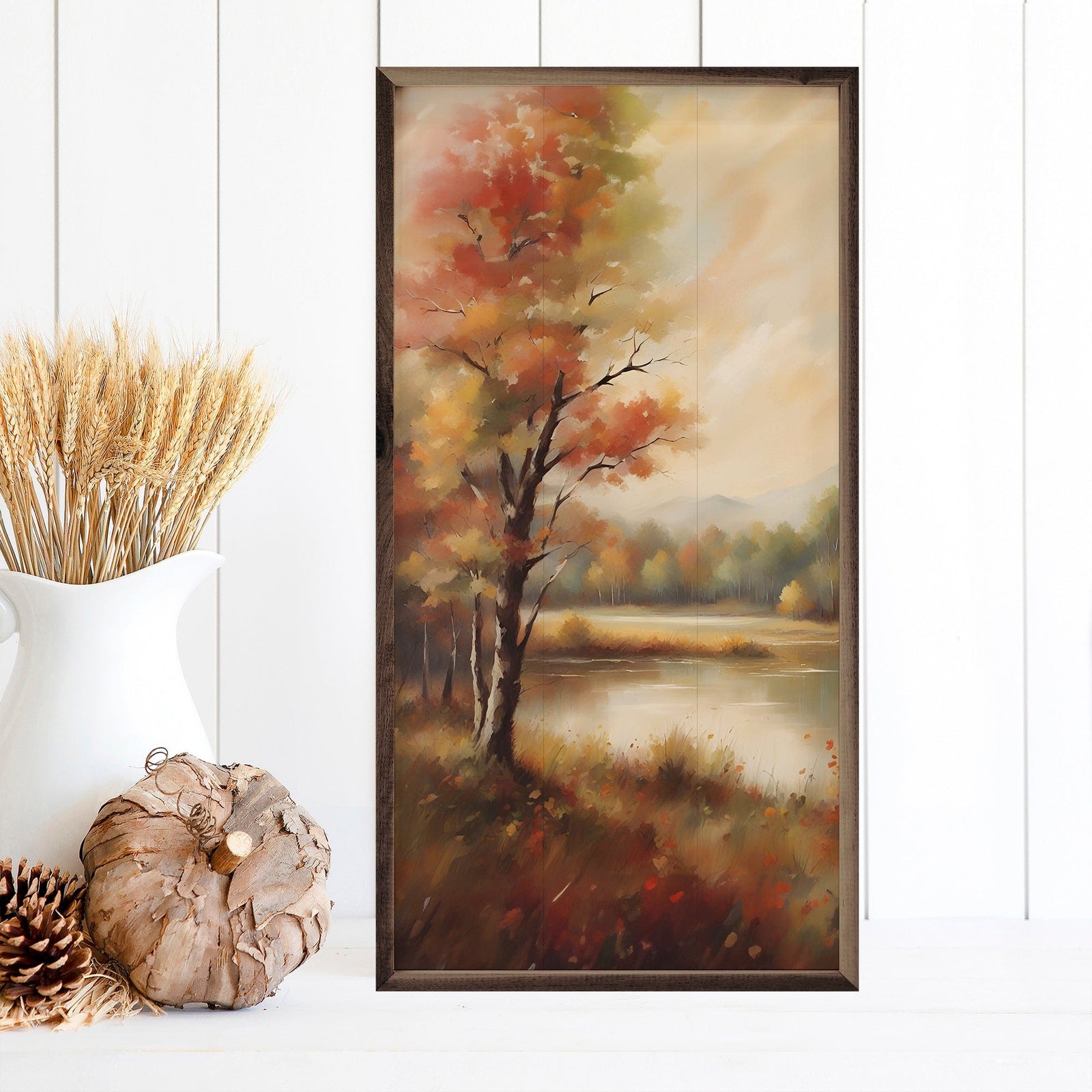 Kendrick Home Walnut Frames 8x16 Autumn Trees Near Lake Printed and Framed Wall Sign
