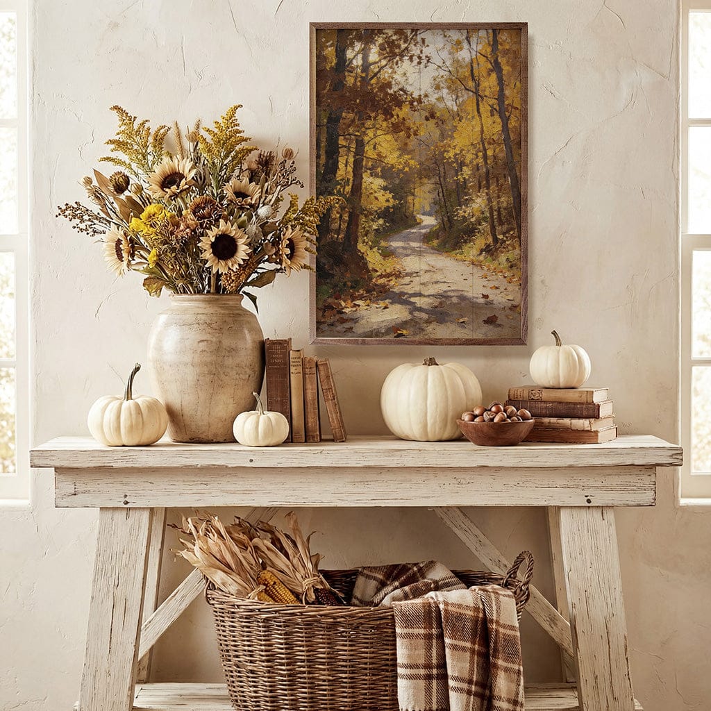 Kendrick Home Walnut Frames Autumn Woodland Path Printed and Framed Wall Sign