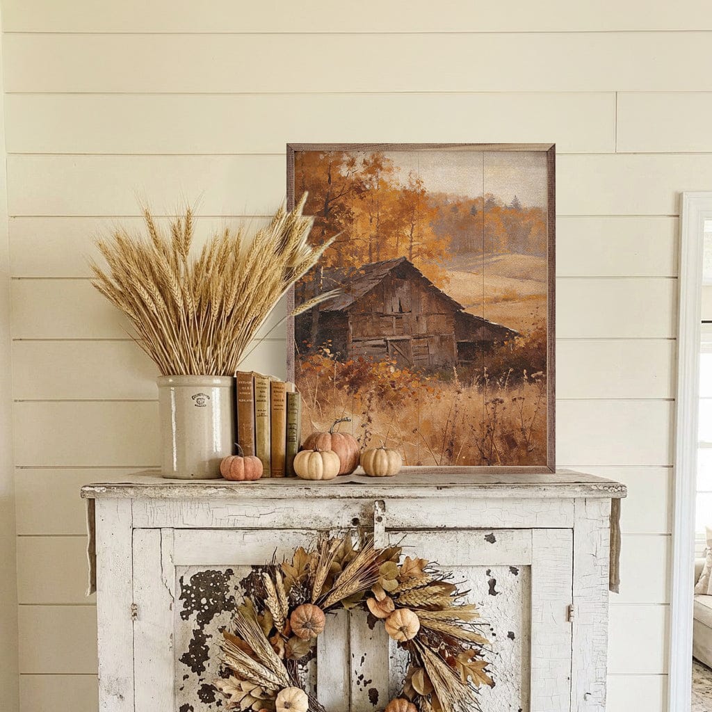 Kendrick Home Walnut Frames Barn In Autumn Valley Printed and Framed Wall Sign