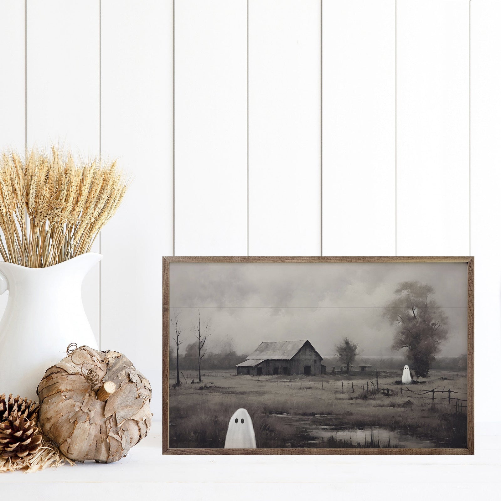 Kendrick Home Walnut Frames Barn With Ghosts By Petals Prints Design Printed and Framed Wall Sign