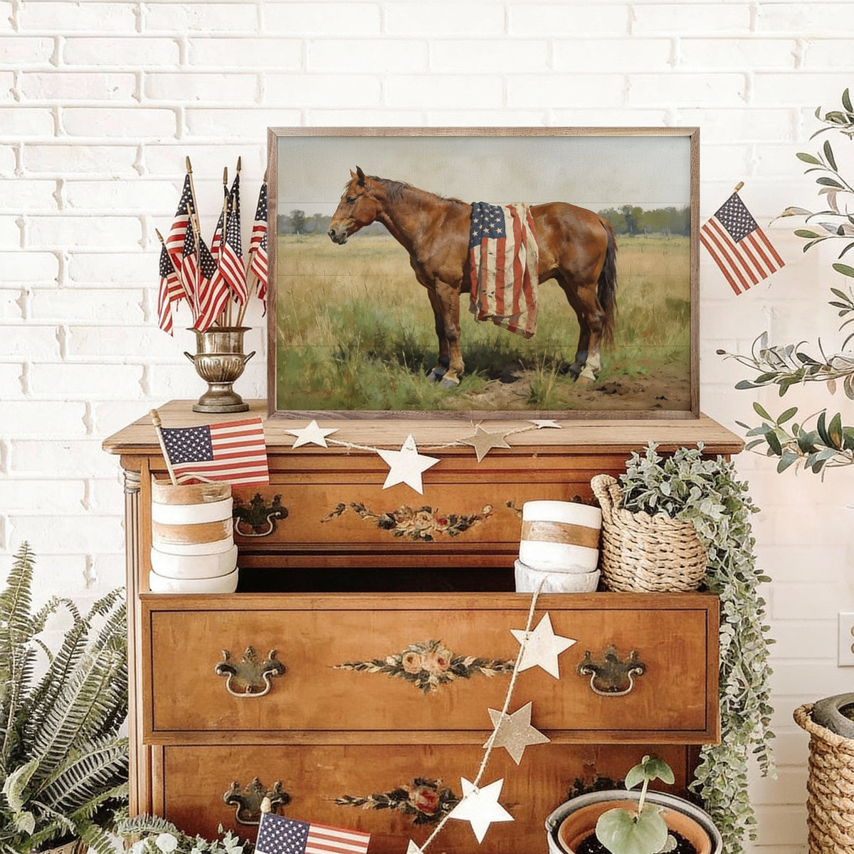 Kendrick Home Walnut Frames Bay Mare Horse With American Flag Printed and Framed Wall Sign