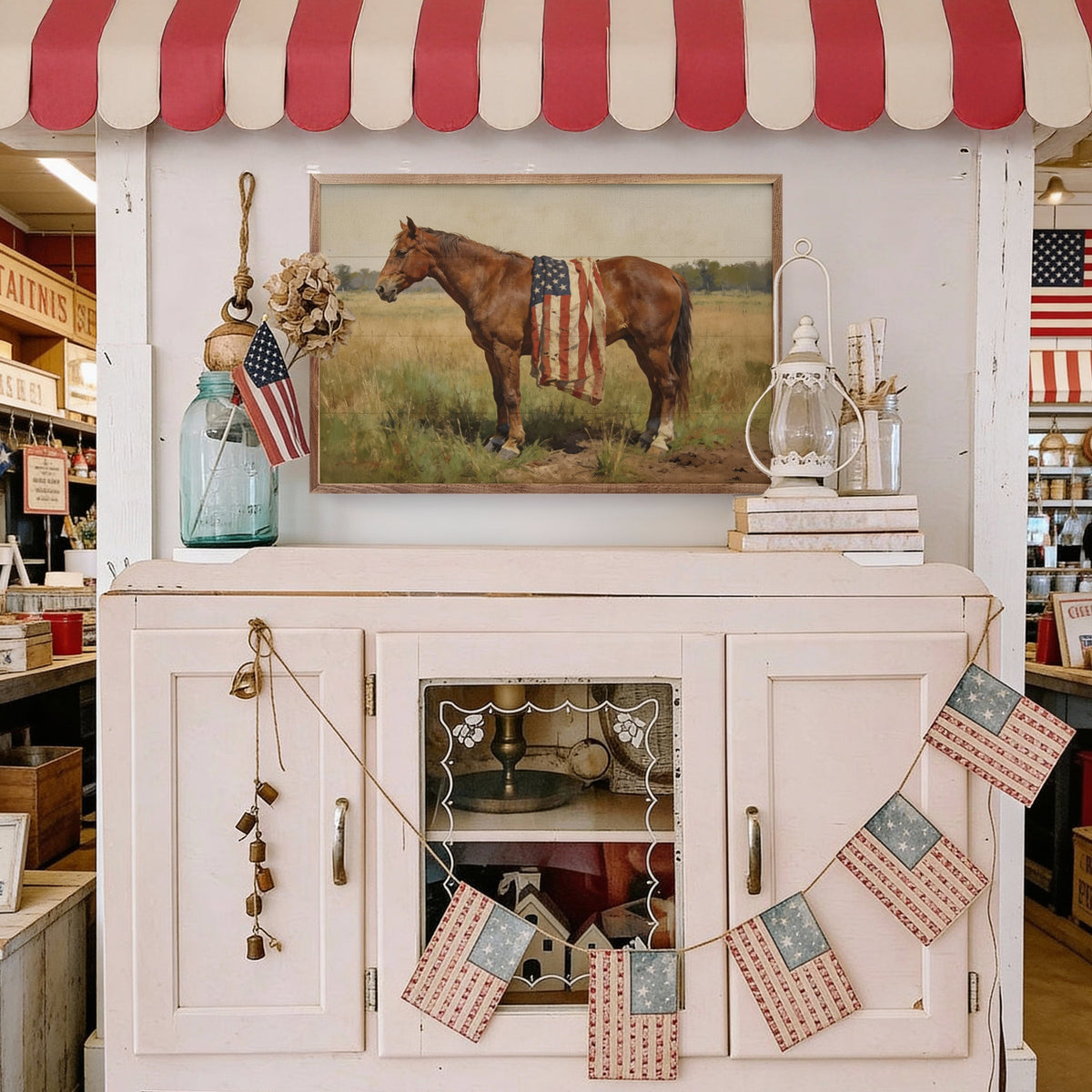 Kendrick Home Walnut Frames Bay Mare Horse With American Flag Printed and Framed Wall Sign