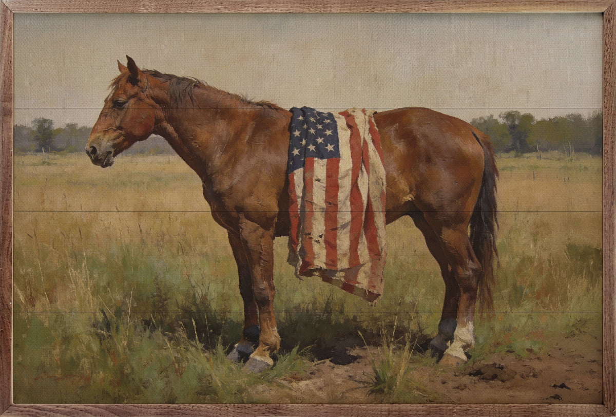 Kendrick Home Walnut Frames Sizes Bay Mare Horse With American Flag Printed and Framed Wall Sign