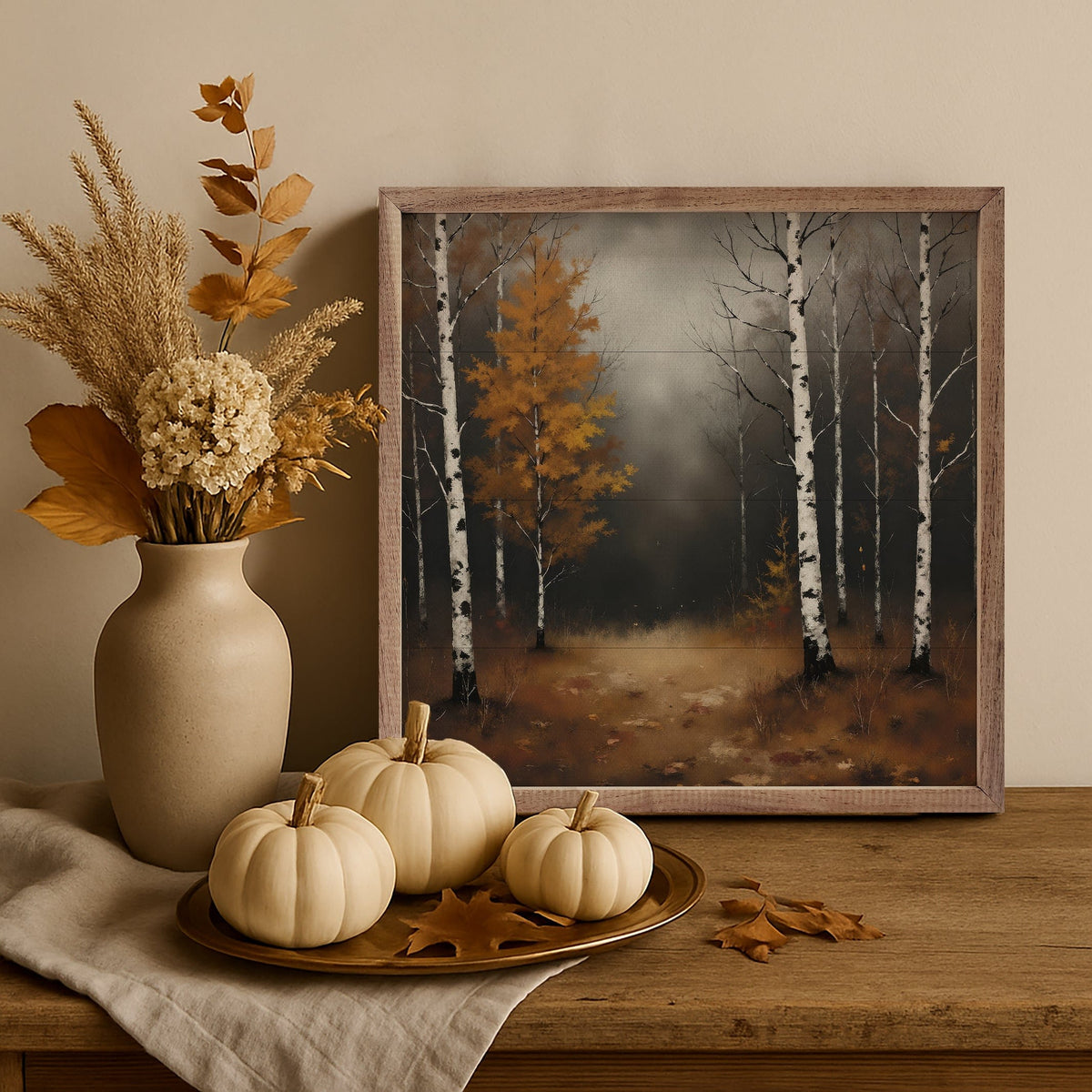 Kendrick Home Walnut Frames Birch Trees Stormy Night Printed and Framed Wall Sign