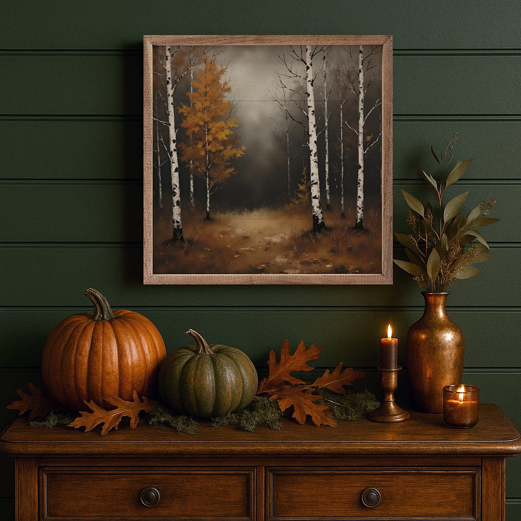 Kendrick Home Walnut Frames 4x4 Birch Trees Stormy Night Printed and Framed Wall Sign