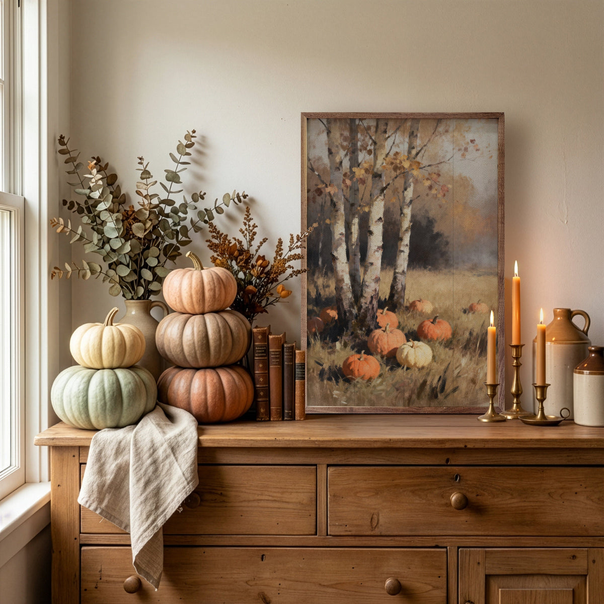 Kendrick Home Walnut Frames Birch Trees With Pumpkins Narrow Print Printed and Framed Wall Sign