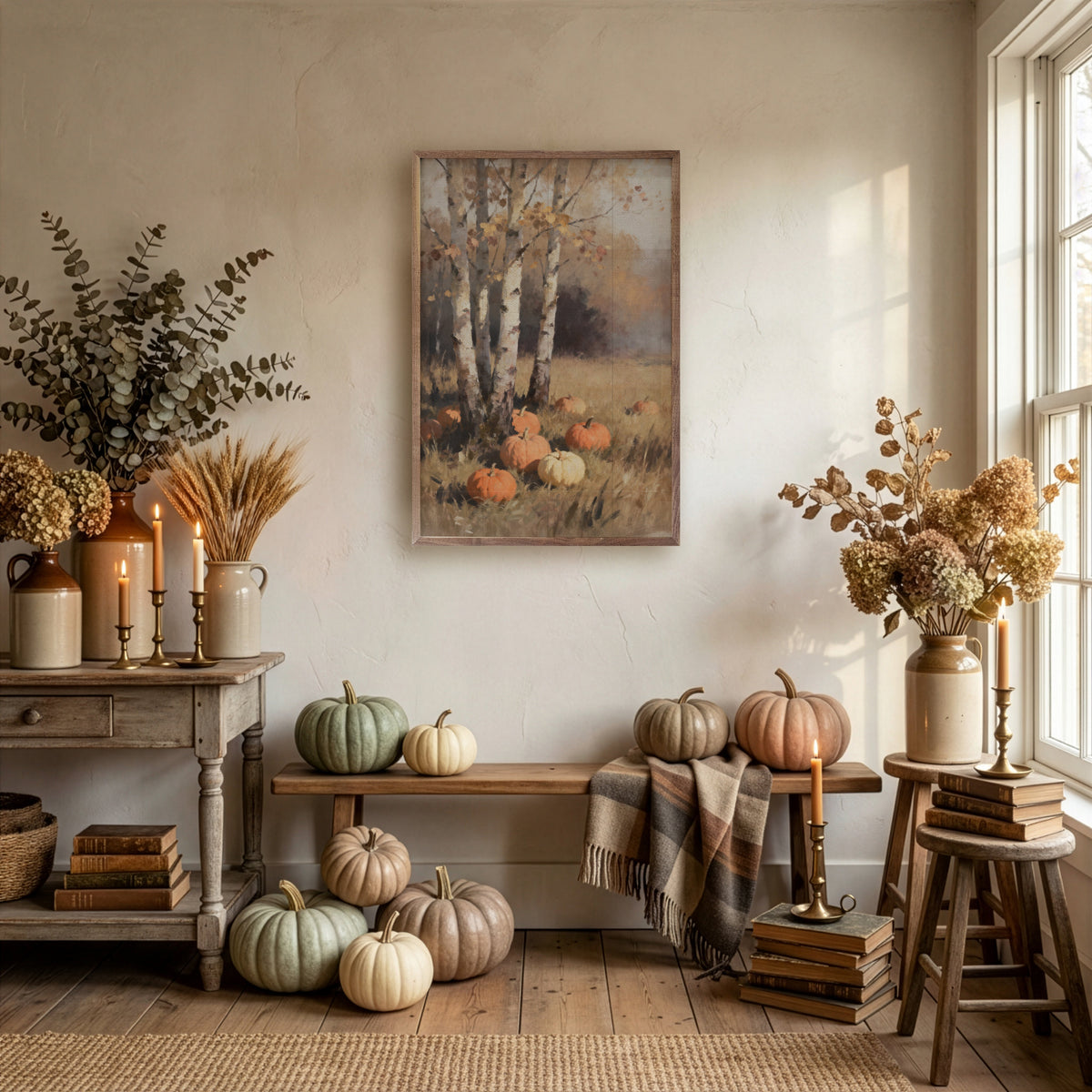 Birch Trees With Pumpkins Narrow Print Printed and Framed Wall Sign
