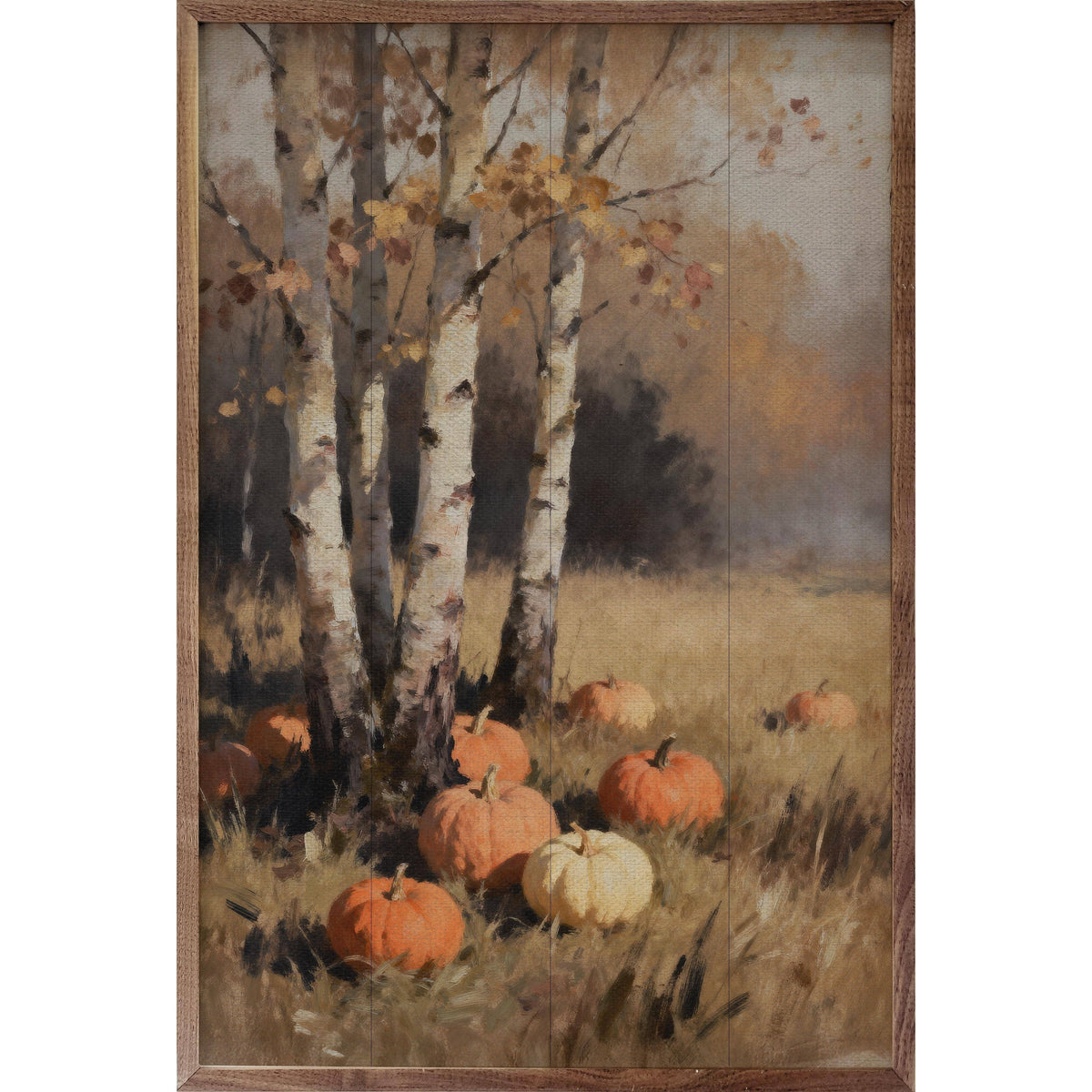 Kendrick Home Walnut Frames 5x8 Birch Trees With Pumpkins Narrow Print Printed and Framed Wall Sign