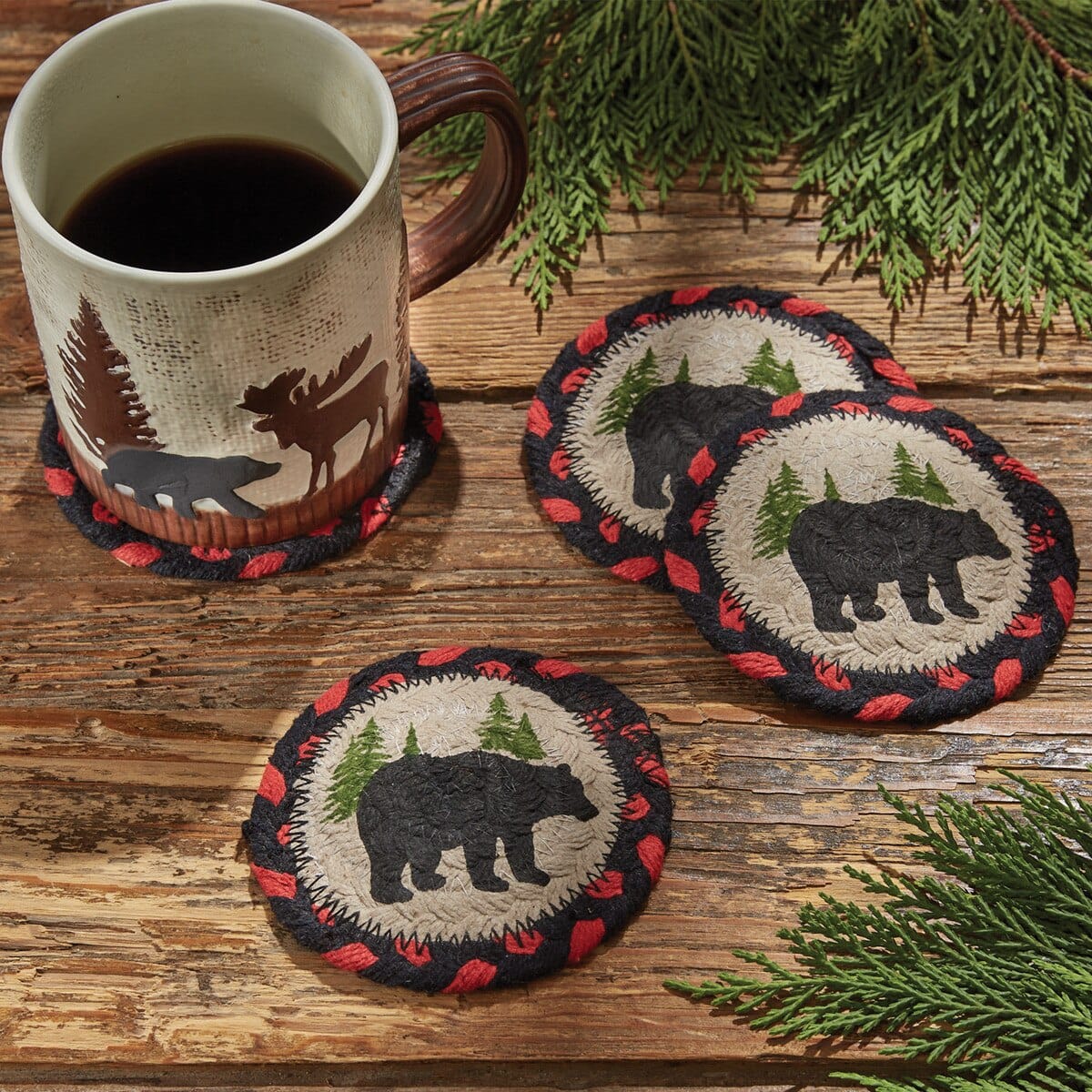 Park Designs Black Bear Braided & Printed Coaster Round Set of 4