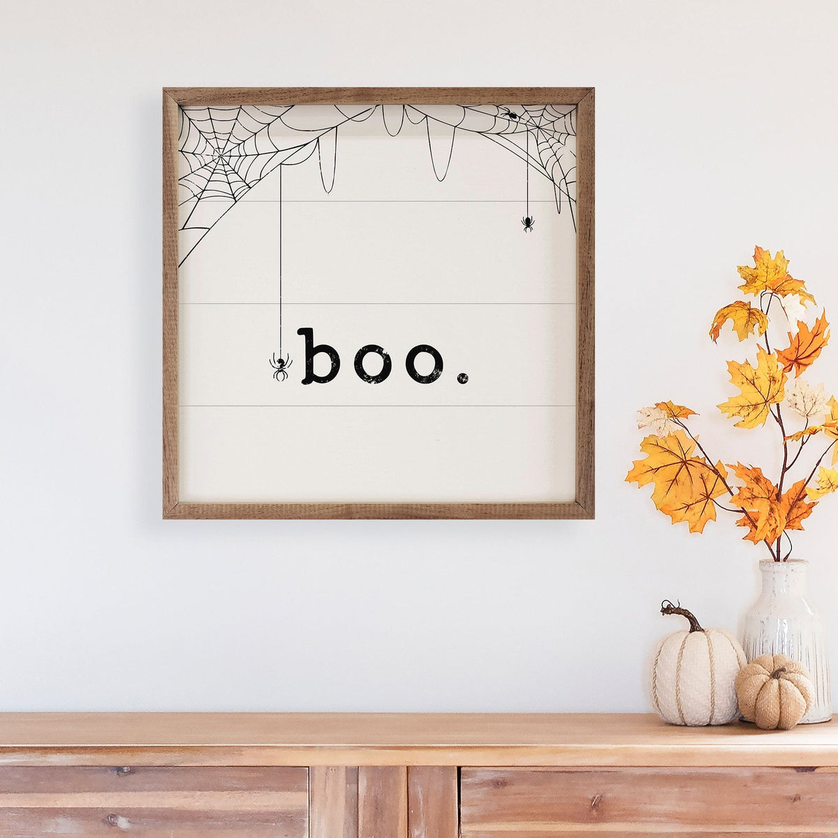 Kendrick Home Walnut Frames Black Boo Spiderweb White Printed and Framed Wall Sign
