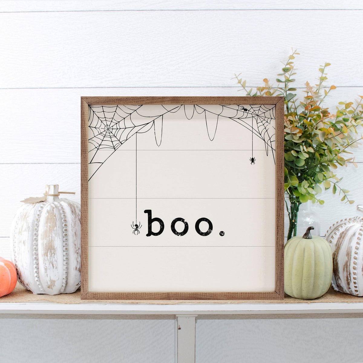 Kendrick Home Walnut Frames Black Boo Spiderweb White Printed and Framed Wall Sign