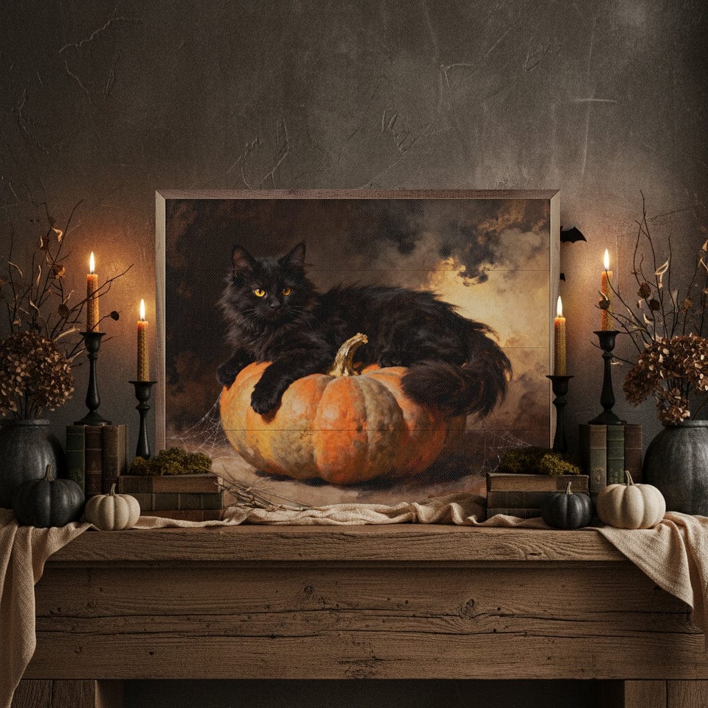 Kendrick Home Walnut Frames Black Cat On Pumpkin