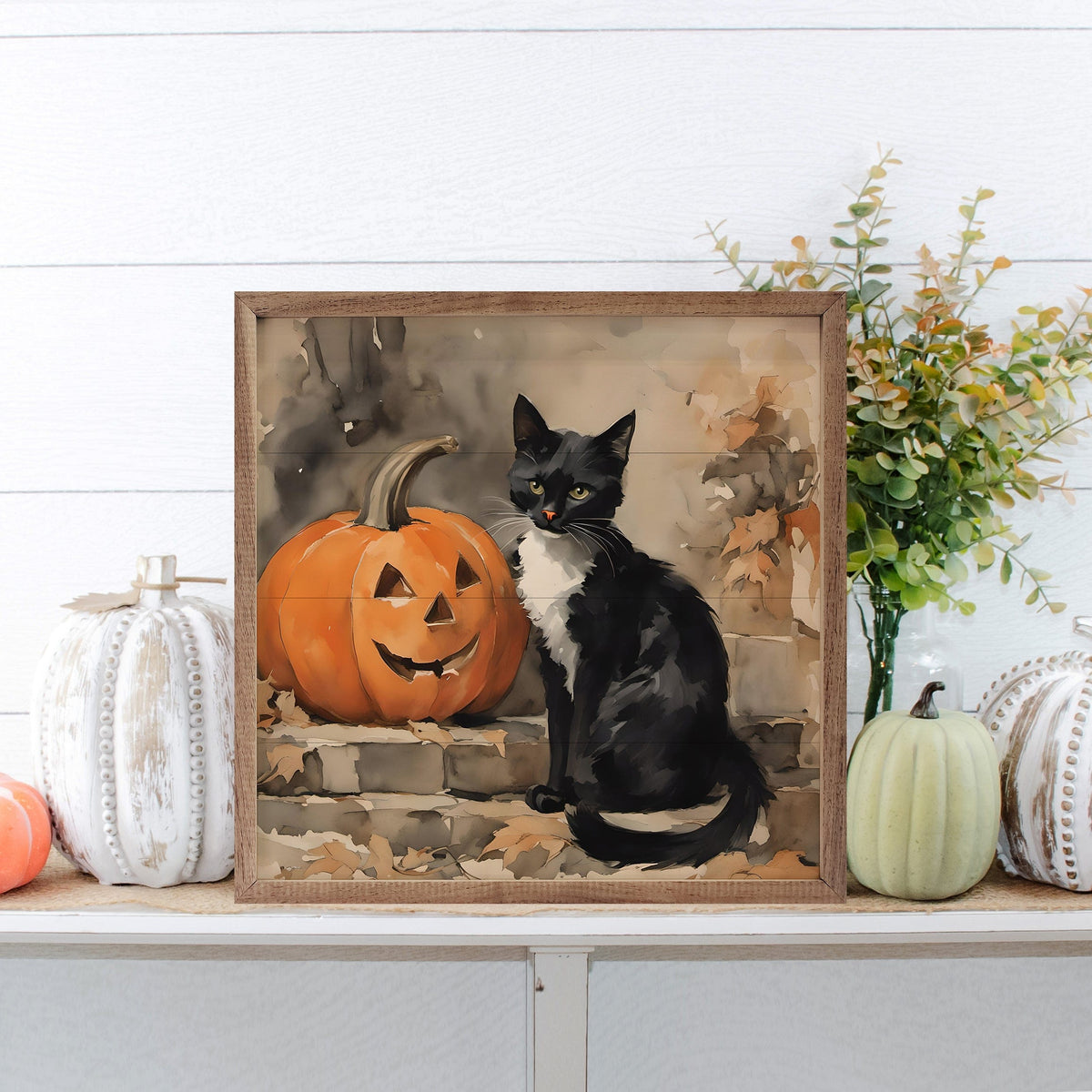 Kendrick Home Walnut Frames Black Cat With Pumpkin Printed and Framed Wall Sign