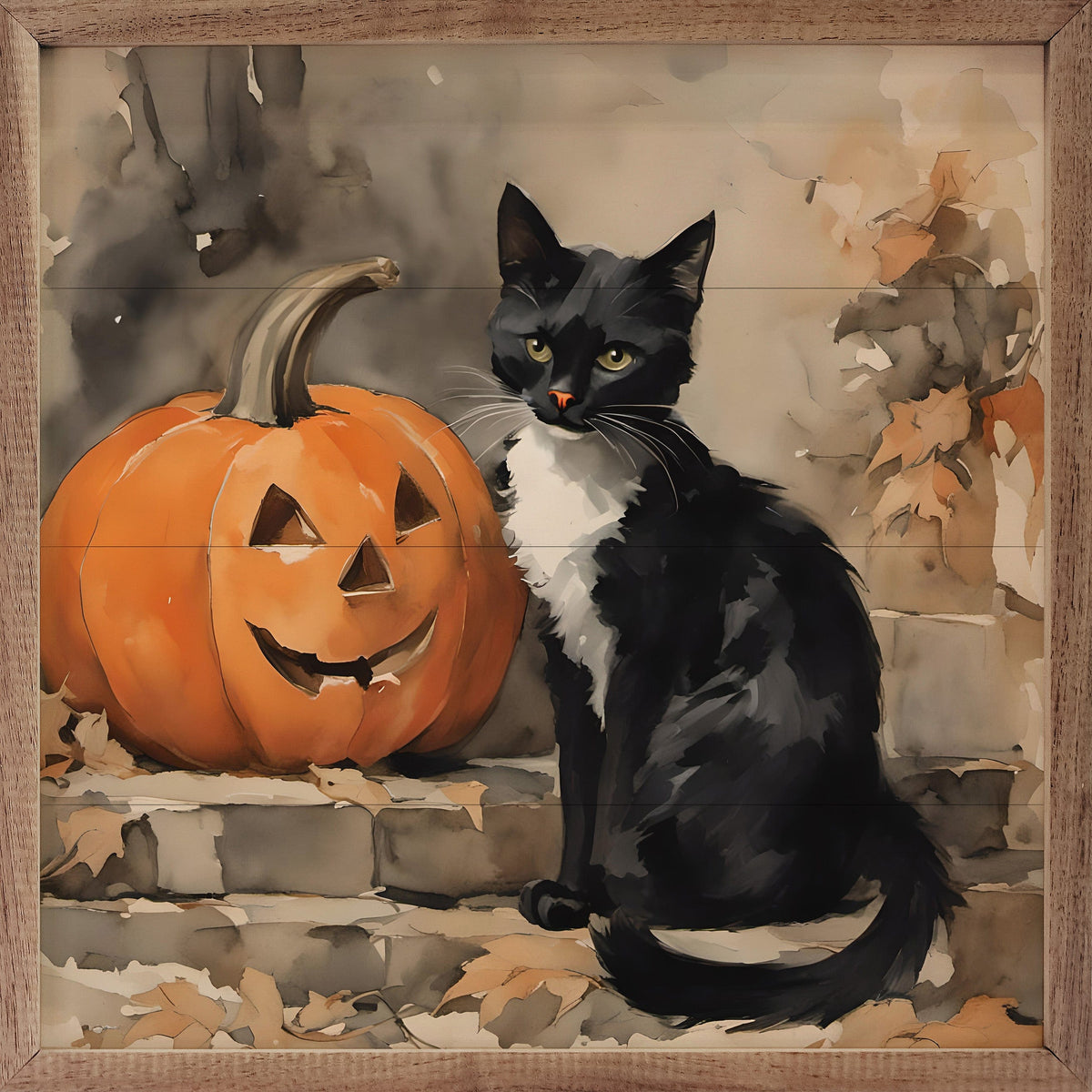 Kendrick Home Walnut Frames 4x4 Black Cat With Pumpkin Printed and Framed Wall Sign
