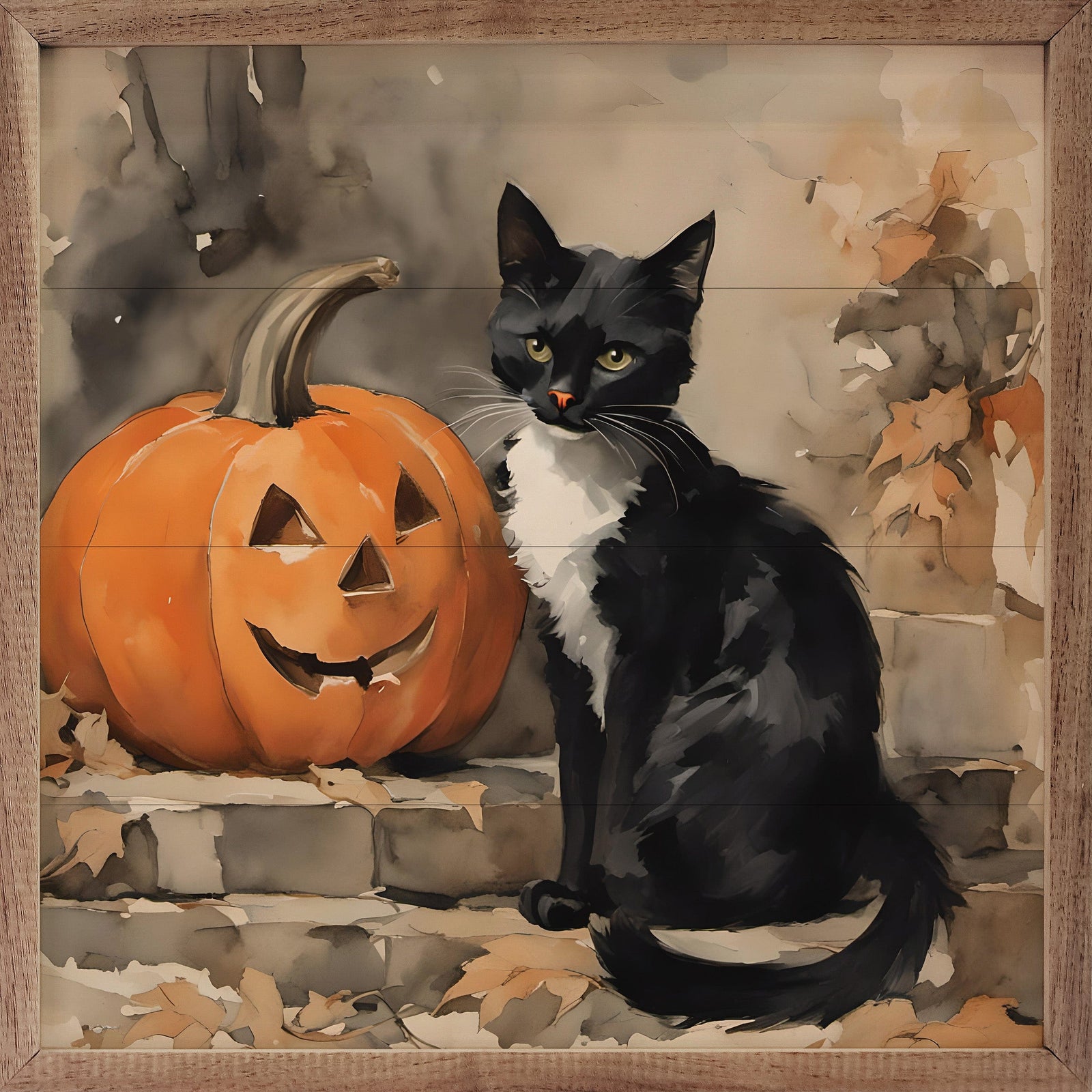 Kendrick Home Walnut Frames 4x4 Black Cat With Pumpkin Printed and Framed Wall Sign