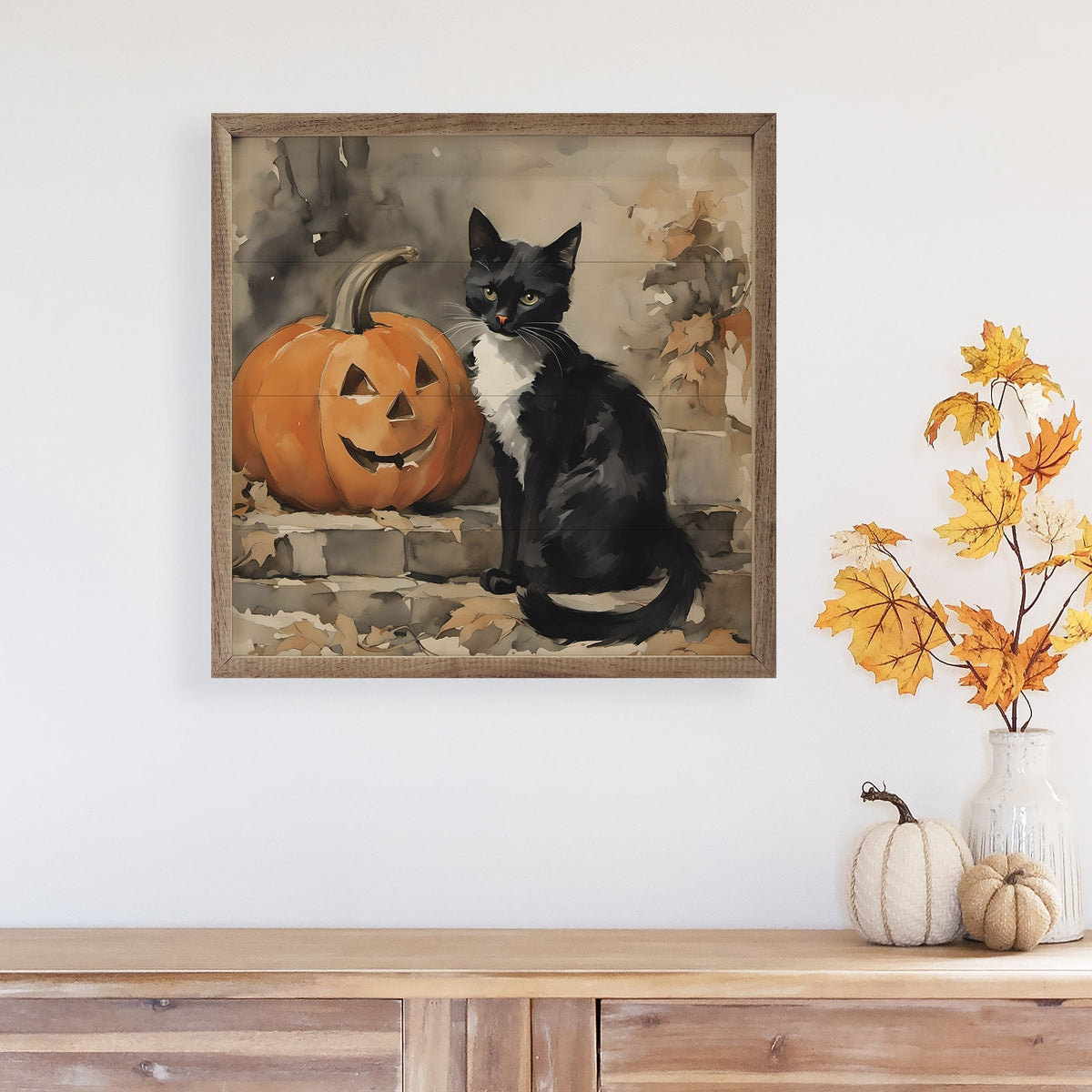 Kendrick Home Walnut Frames Black Cat With Pumpkin Printed and Framed Wall Sign