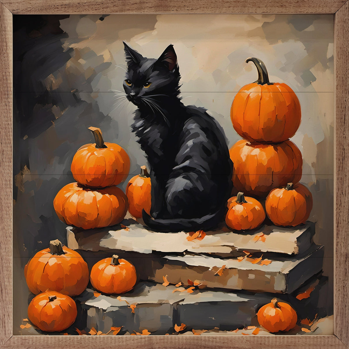 Kendrick Home Walnut Frames 4x4 Black Cat With Pumpkin Stack Printed and Framed Wall Sign