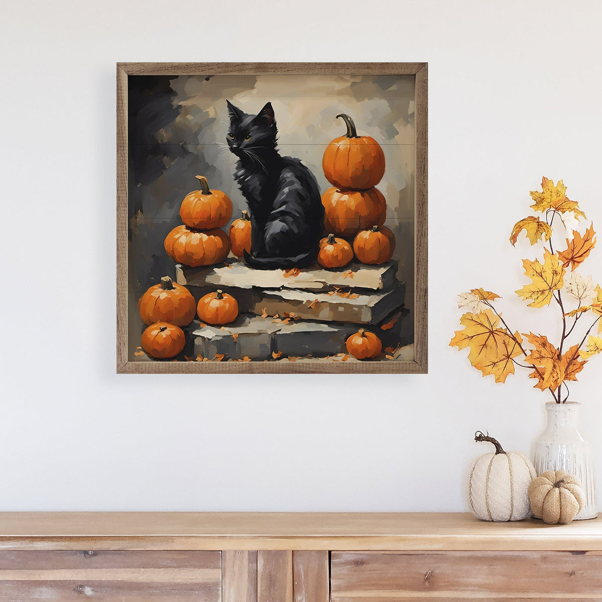Kendrick Home Walnut Frames Black Cat With Pumpkin Stack Printed and Framed Wall Sign