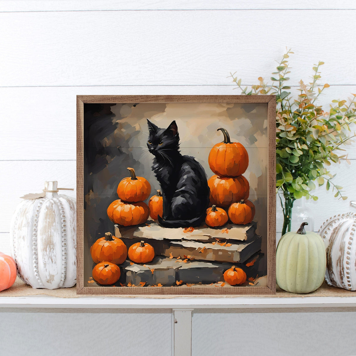 Kendrick Home Walnut Frames Black Cat With Pumpkin Stack Printed and Framed Wall Sign