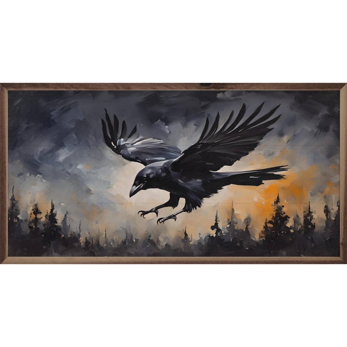 Kendrick Home Walnut Frames 16x8 Black Flying Crow Printed and Framed Wall Sign