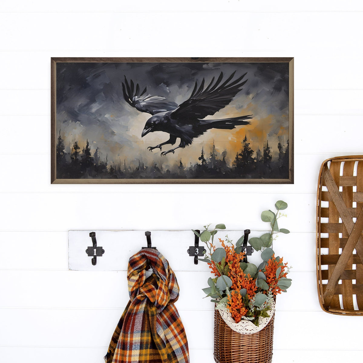 Kendrick Home Walnut Frames Black Flying Crow Printed and Framed Wall Sign