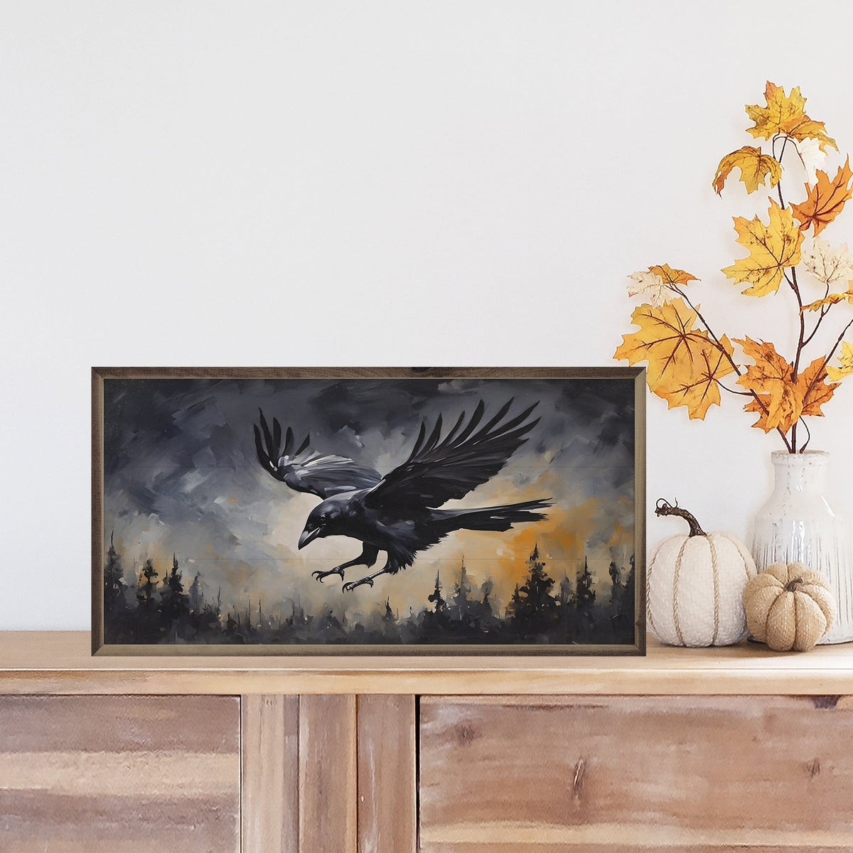 Kendrick Home Walnut Frames Black Flying Crow Printed and Framed Wall Sign