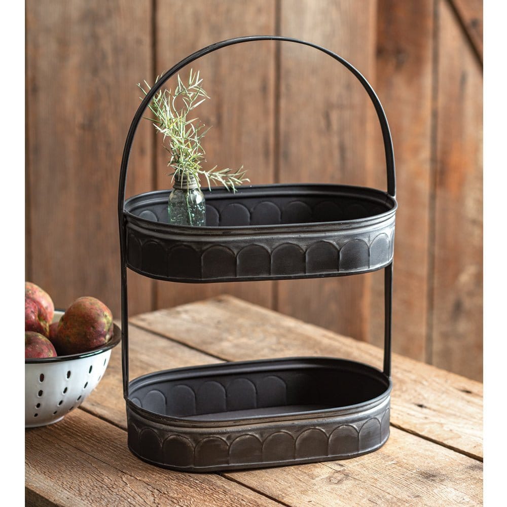 Black Metal Two Tiered Corrugated Oval Caddy / Tray / Stand With Handle-CTW Home-The Village Merchant