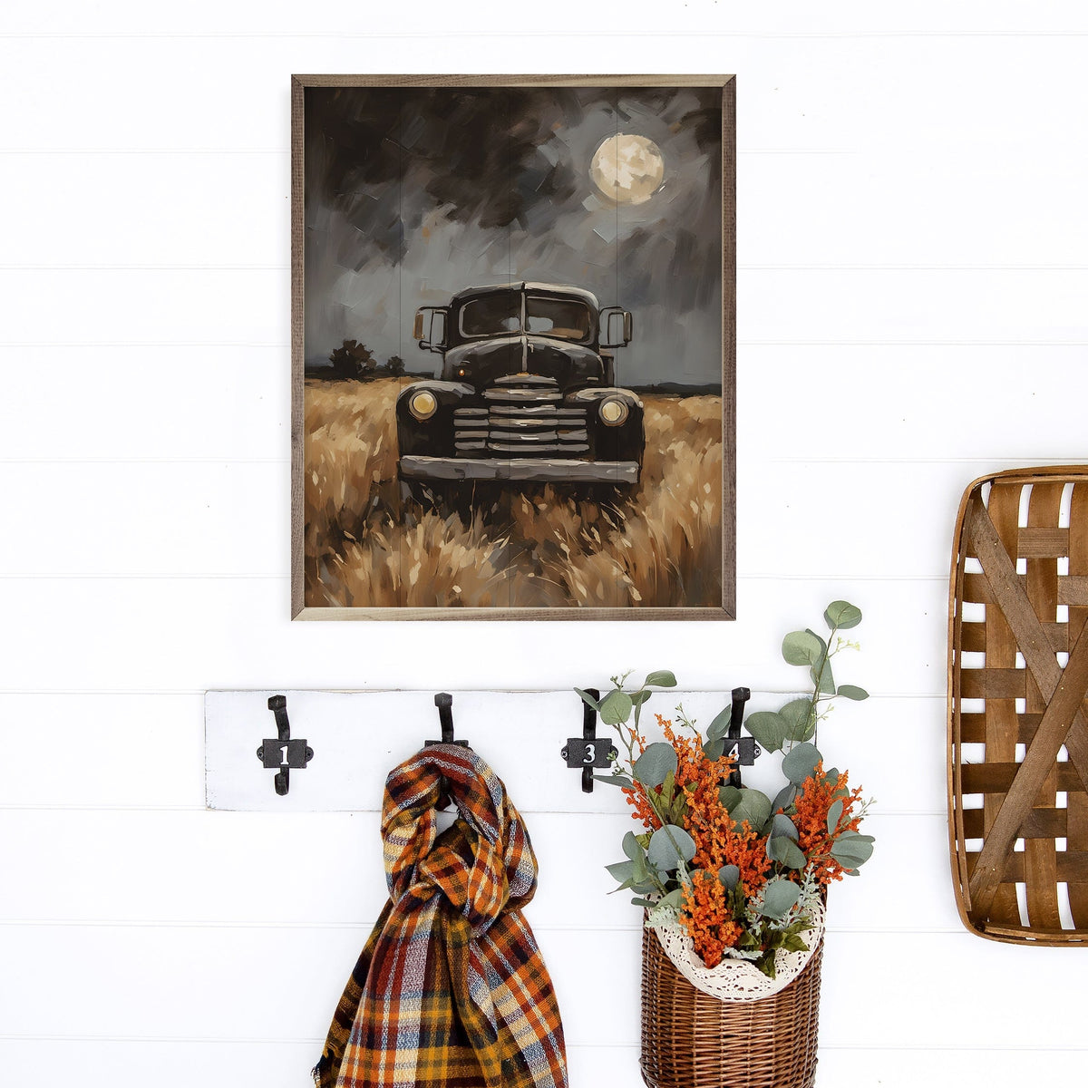 Kendrick Home Walnut Frames Black Truck Under Moonlight Printed and Framed Wall Sign