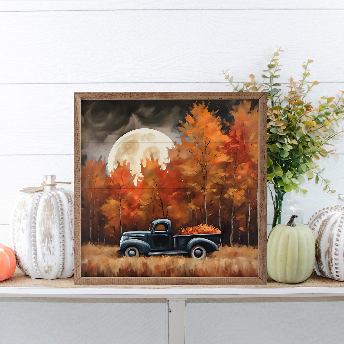 Kendrick Home Walnut Frames Black Truck With Fall Moon