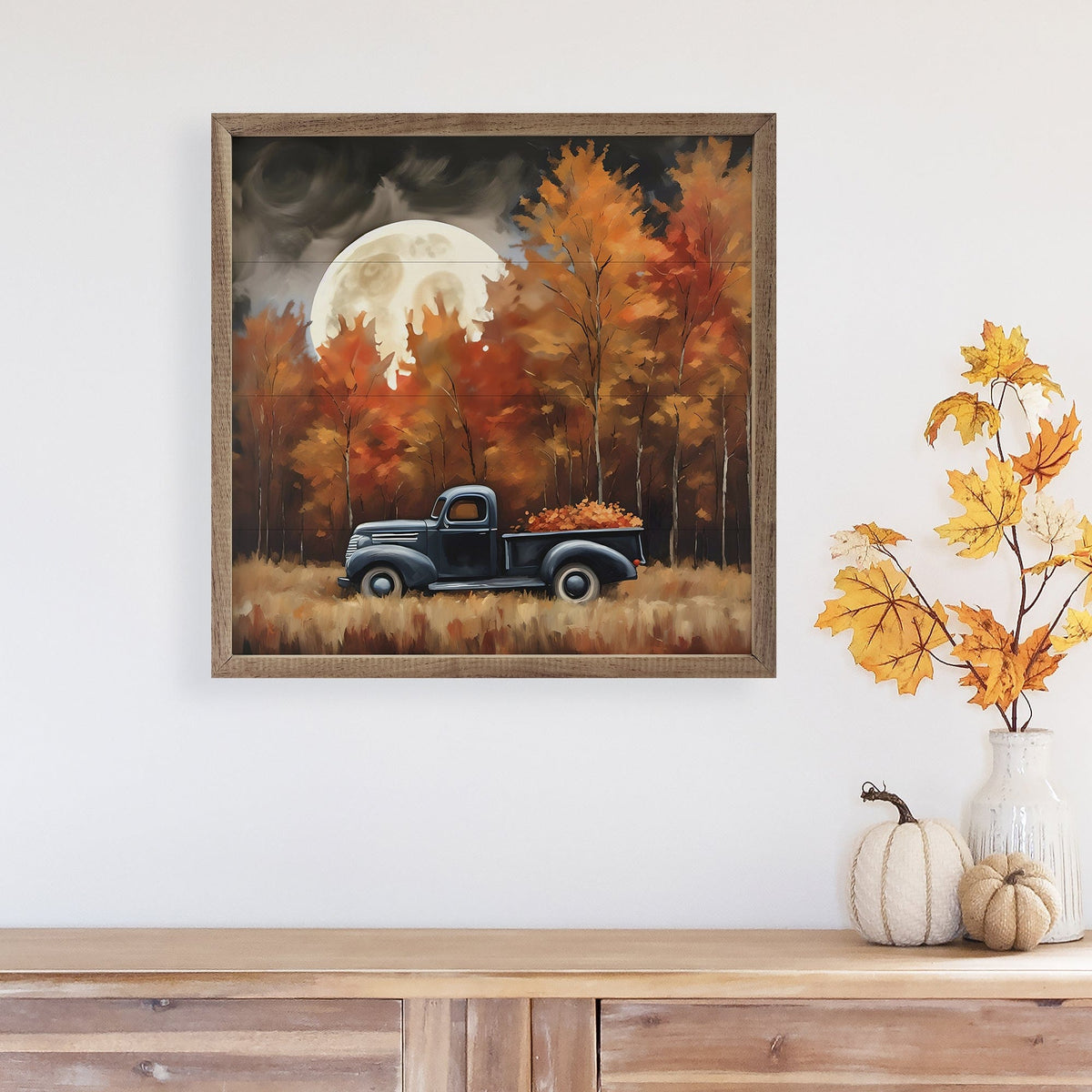 Kendrick Home Walnut Frames Black Truck With Fall Moon