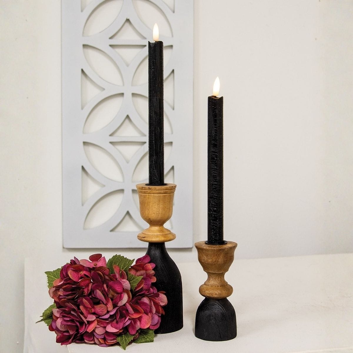 Black Wax Timer LED Battery Taper Candle 10" High Set of 2