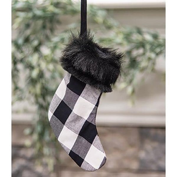 Black &amp; White Buffalo Check and Faux Fur Stocking Ornament-Craft Wholesalers-The Village Merchant
