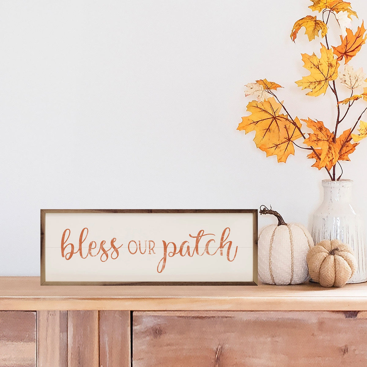 Kendrick Home Walnut Frames Bless Our Patch White Printed and Framed Wall Sign