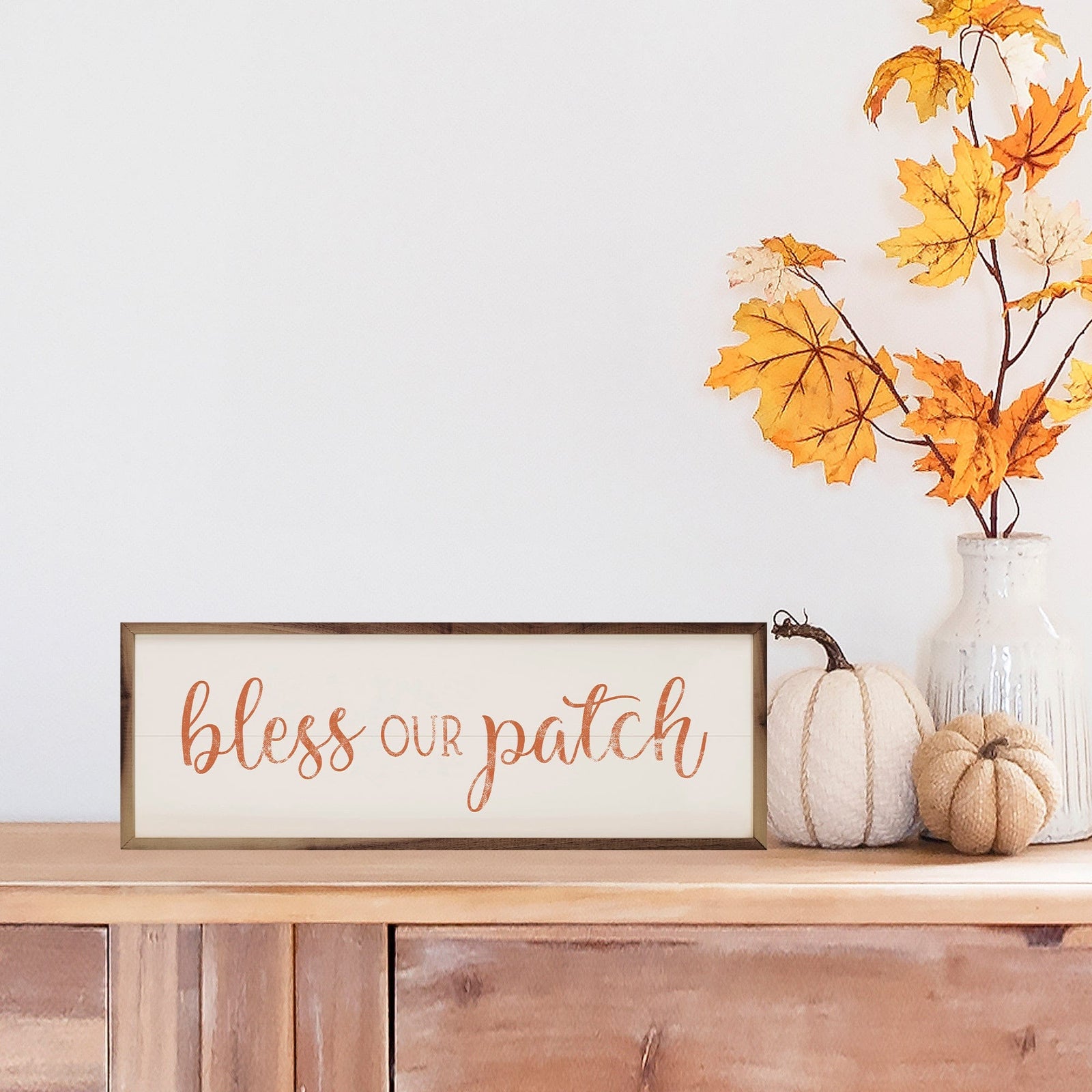 Kendrick Home Walnut Frames 12x4 Bless Our Patch White Printed and Framed Wall Sign