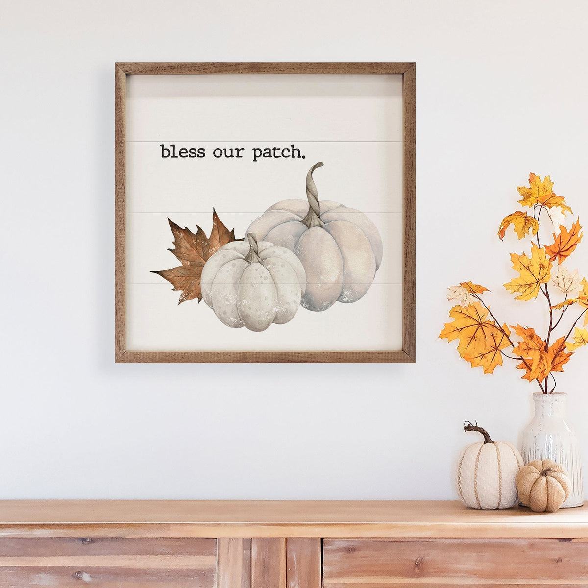 Kendrick Home Walnut Frames Bless Our Patch White Pumpkins Printed and Framed Wall Sign
