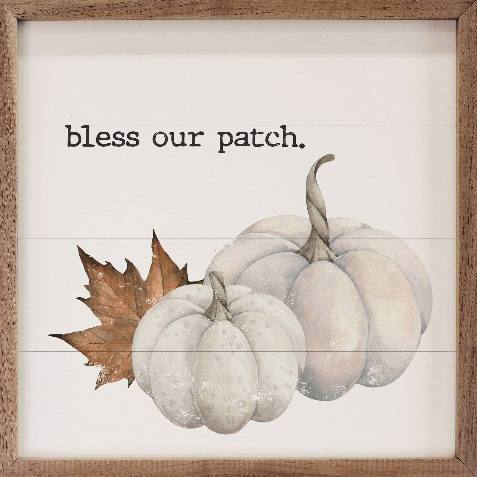 Kendrick Home Walnut Frames 4x4 Bless Our Patch White Pumpkins Printed and Framed Wall Sign